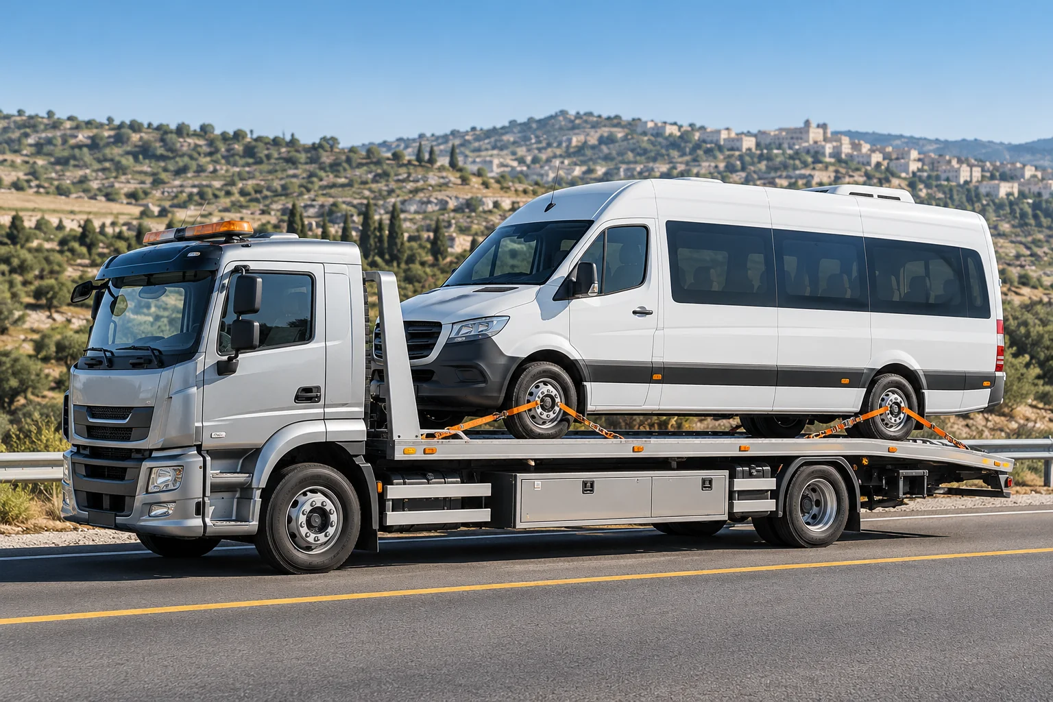 המחשה של מיניבוס המועמס על גרר שטוח